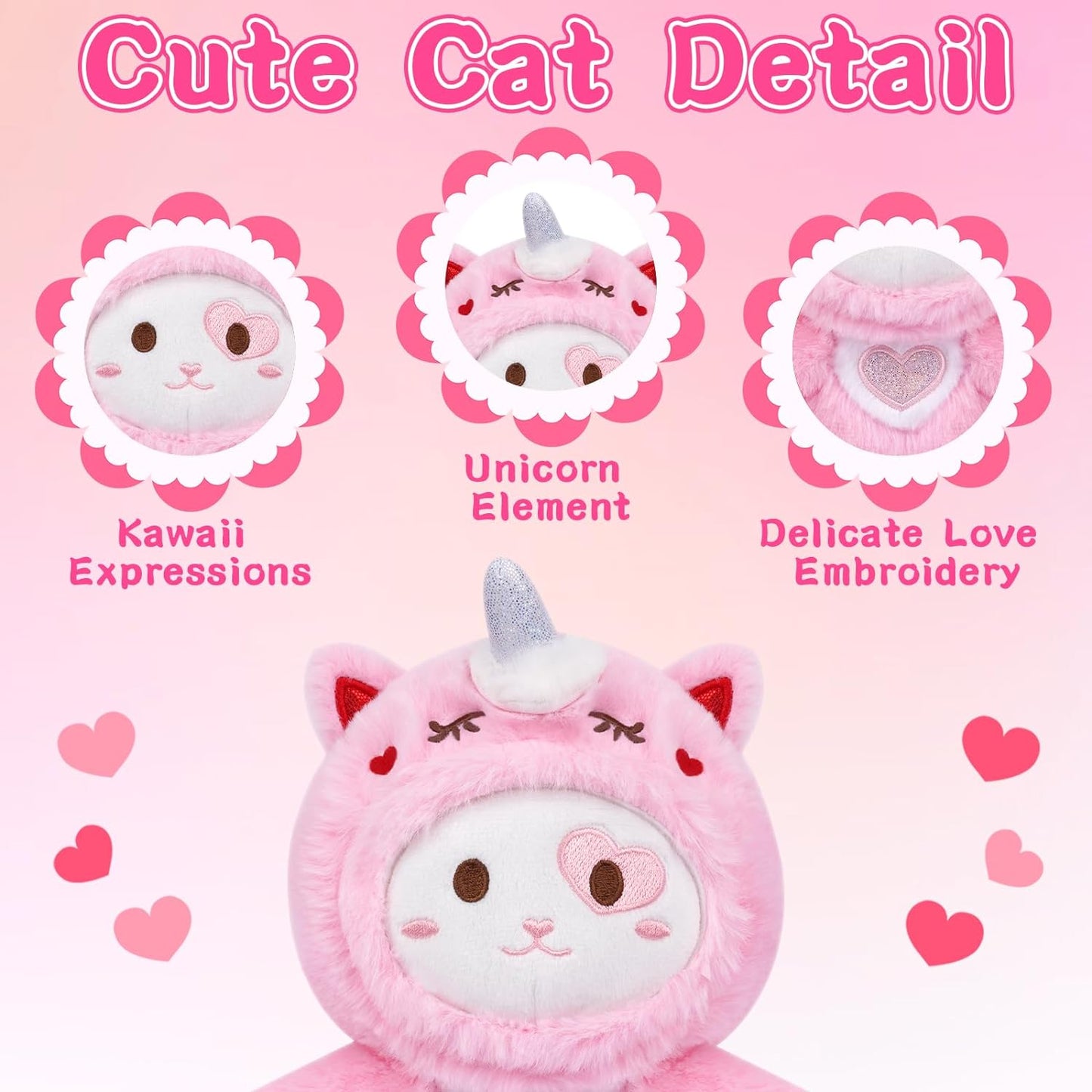 Peluche de peluche de gato de San Valentín, lindo juguete de peluche de unicornio para el día de San Valentín, almohada de peluche de gato rosa, regalo de San Valentín para novias y niños