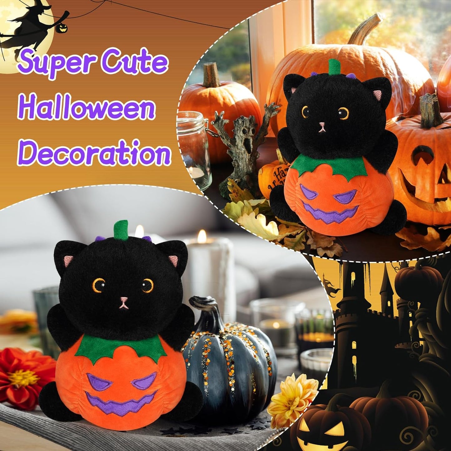 Black Cat Plush Halloween Pulsh, 8 inch Cute Pumpkin Pillow Halloween Stuffed Animals, Kawaii Black Cat Plush Pillow, Halloween Decoration Soft Cat Plush Toys for Kids