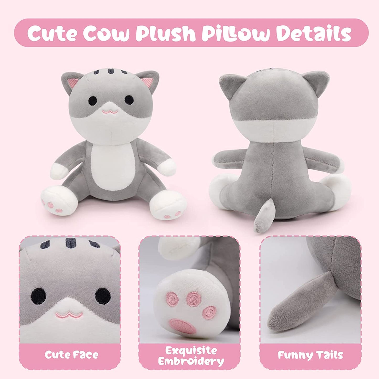 Cat Plushie Cat Stuffed Animal Toy for Kids, Soft Cat Plushie Pillow Cute Stuffed Animal Cat Plush Kawaii Home Decoration Doll Gifts for Girls Boys (Grey)