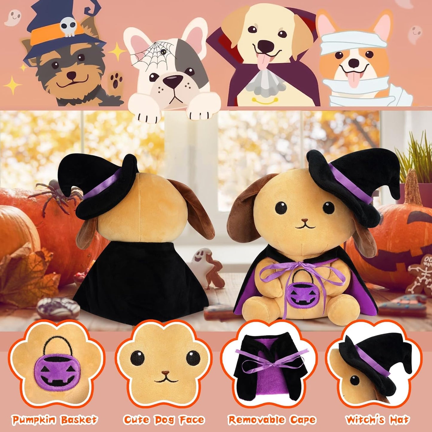 Halloween Plush Dog Stuffed Animal, 9inch Cute Dog Plush with Witch's Hat, Halloween Stuffed Animal Dog Plush, Halloween Plush for Kids,Halloween Home Decoration