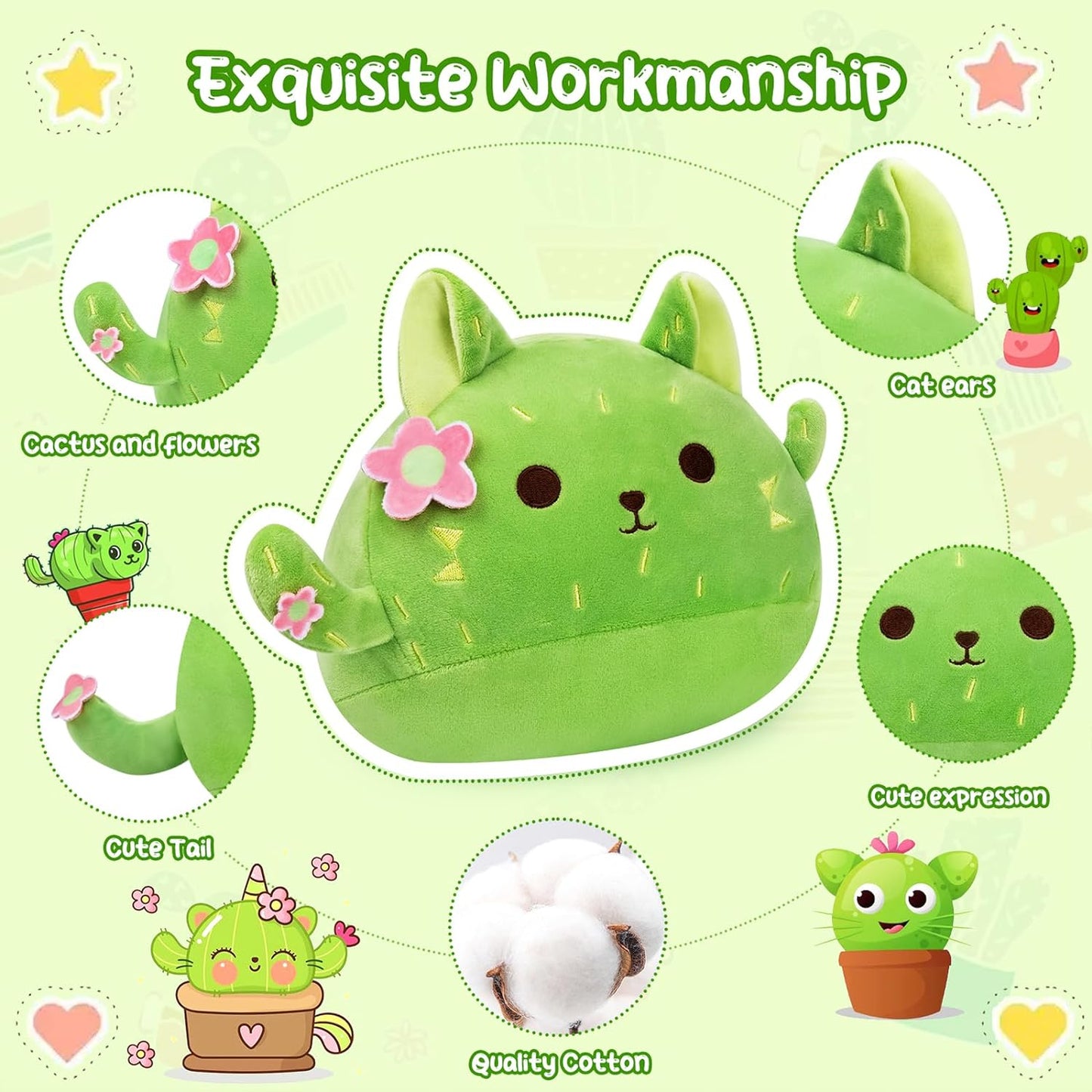 Cat Stuffed Animal Cute Cat Plushies, 8” Kawaii Cactus Plush Plant Plush Toys, Soft Cute Cactus Cat Plush Cactus Pillow, Cute Green Cactus Cat Plush Toy Gift for Kids Boys Girls