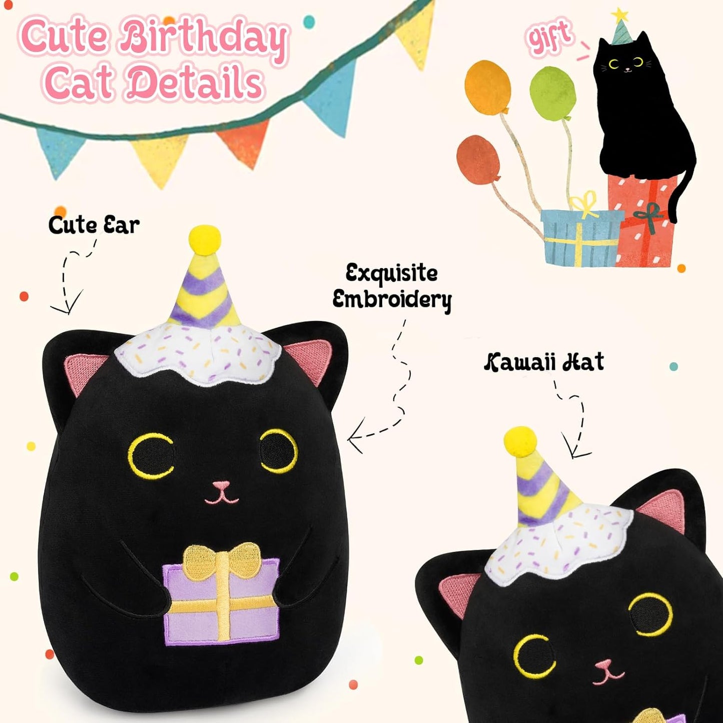 Black Cat Plush, 8" Cute Birthday Stuffed Animal Cat Plushies, Happy Birthday Black Cat Plush Pillow Doll, Soft Cartoon Cat Plush Birthday Gift for Kids