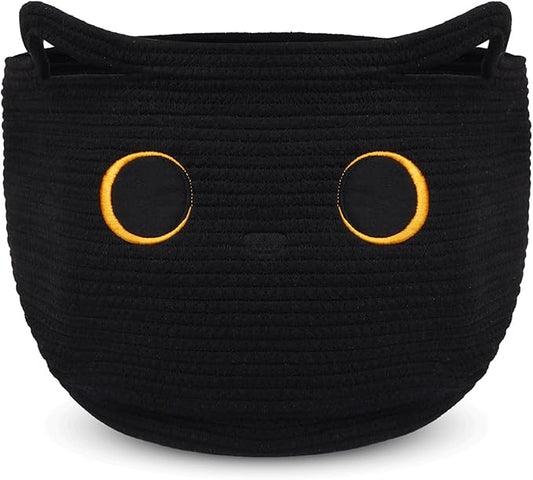 Cute Black Cat Round Basket - Cotton Rope Baskets Woven Basket Blanket Basket, Large Baby Laundry Blasket for Nursery Hamper With Handle Toy Storage Basket for Gifts,Living room(13.5×13.5×8.5Inch)
