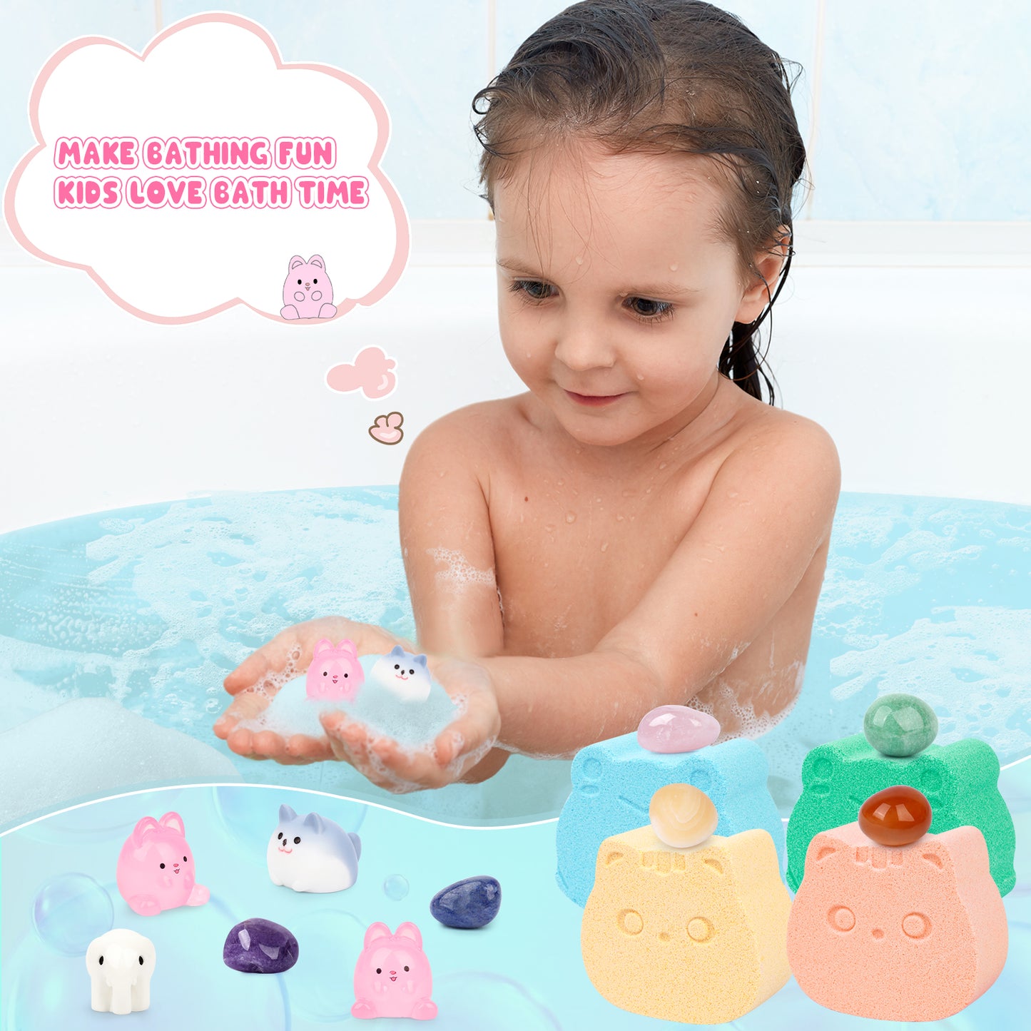 Kids Bath Bombs with Surprise Inside, 6pcs Bath Bombs for Kids with Stones, Crystals and Gemstones, Frog and Cat Shape Kids Bath Bombs Gift Set Kid Toys for Boys and Girls