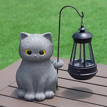 Solar Garden Statue Cat Figurine, Grey Cat Outdoor Statue Garden Decor with LED Light for Yard Patio Lawn Balcony Ornament, Home Decor Housewarming Gifts for Mom Grandma Dad