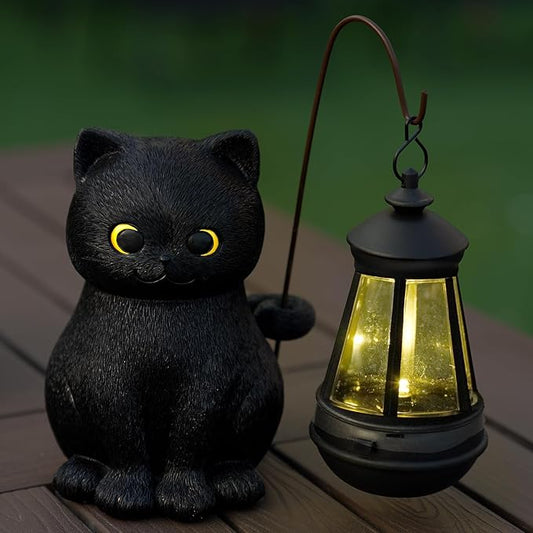 Solar Garden Statue Cat Figurine, Grey Cat Outdoor Statue Garden Decor with LED Light for Yard Patio Lawn Balcony Ornament, Home Decor Housewarming Gifts for Mom Grandma Dad