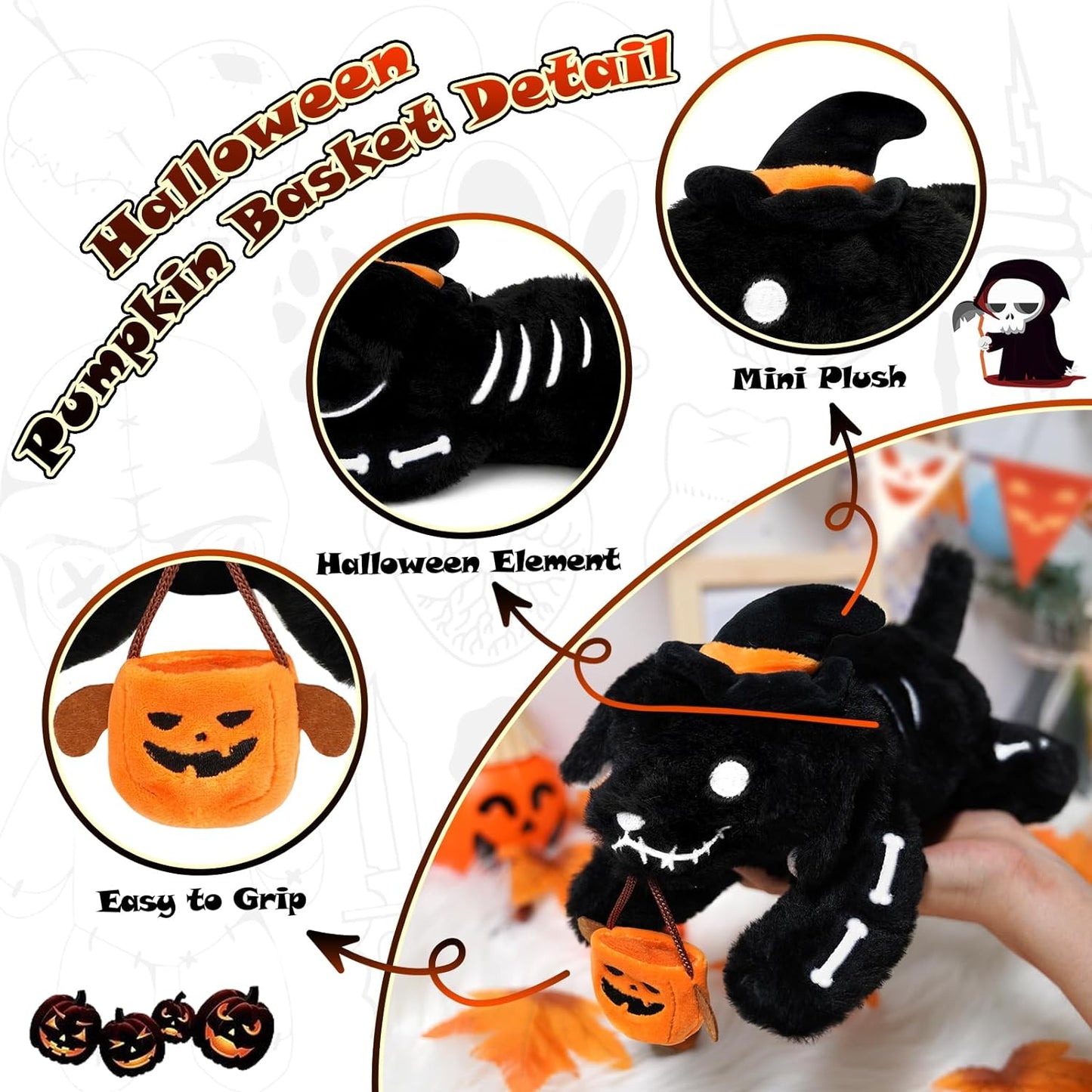 Halloween Stuffed Animal Dog Plush Toy, Cute Skeleton Dog Stuffed Animal Doll, Kawaii Pumpkin Dog Plush Halloween Decor, Soft Halloween Plush Gift for Kids Boys Girls