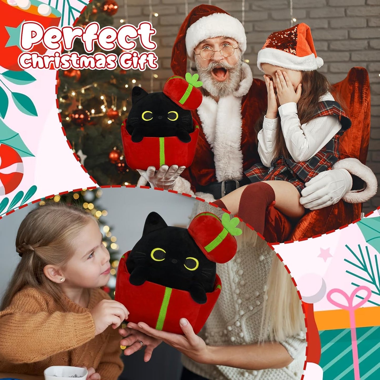 Black Cat Plush Cat Stuffed Animal Toy, Soft Cat Plushie Pillow, Cute Stuffed Black Cat Doll Toy for Kids Boys Girls Kawaii Christmas Decoration (Gift-Box Cat)