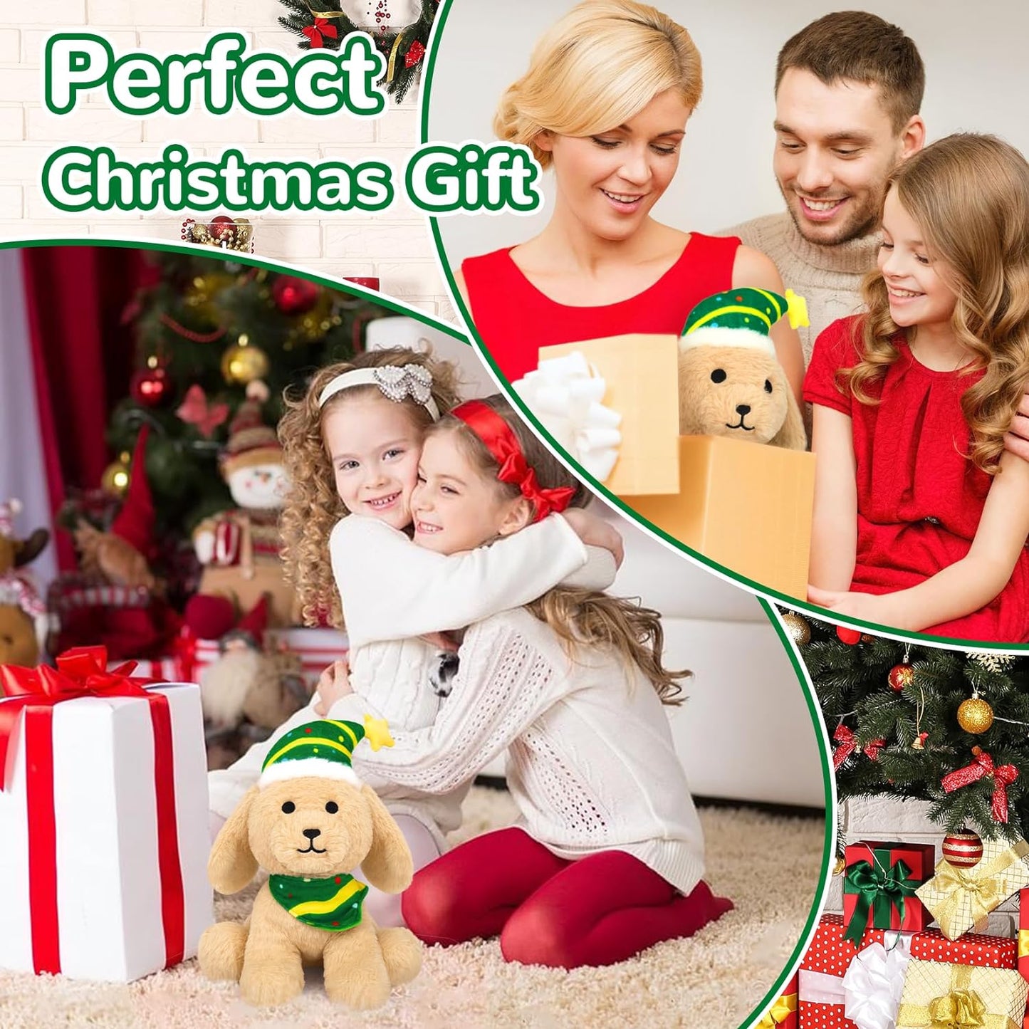 Dog Plush Christmas Dog Stuffed Animal Toy, Soft Dog Plushie Pillow, Cute Green Hat Dog Stuffed Doll Toy for Kids Boys Girls Kawaii Christmas Decoration (Green Hat)