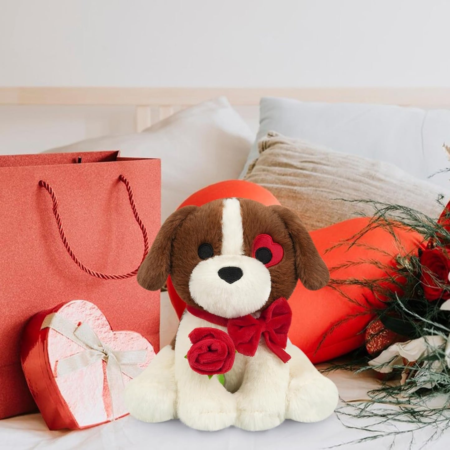 Dog Stuffed Animal, 9inch Beagle Dog Plush with Red Rose for Valentine Day, Cute Valentines Dog Stuffed Animal Beagle Plush, Christmas Valentines Plush for Girlfriend,Lover,Kids