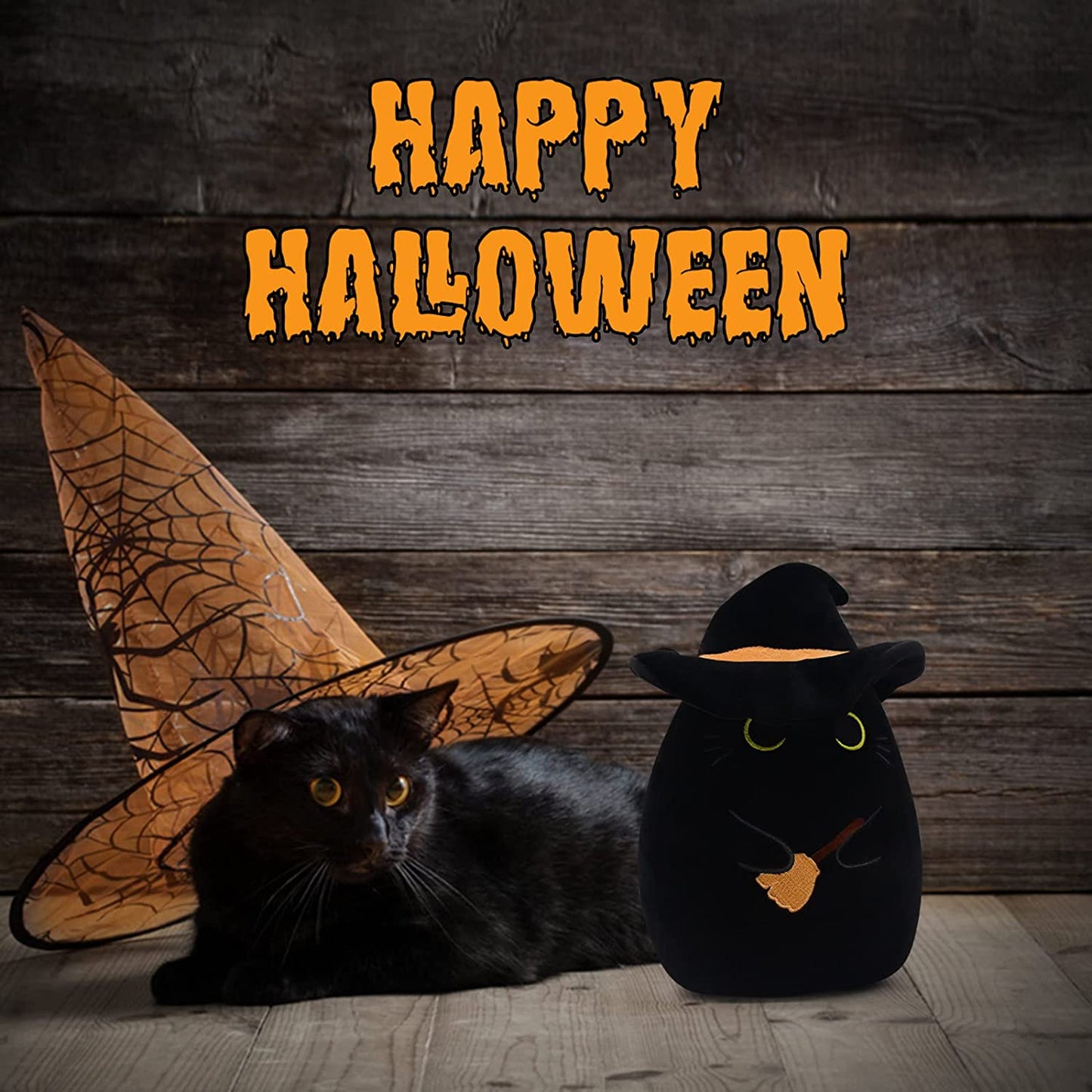 Black Cat Pillow Black Cat Plush Toy, Soft Halloween Plush Cat Toy with Hat, Cute Halloween Plush Witch Black Cat Doll, Kawaii Halloween Witch Cat Plush Gift for Kids Boys Girls