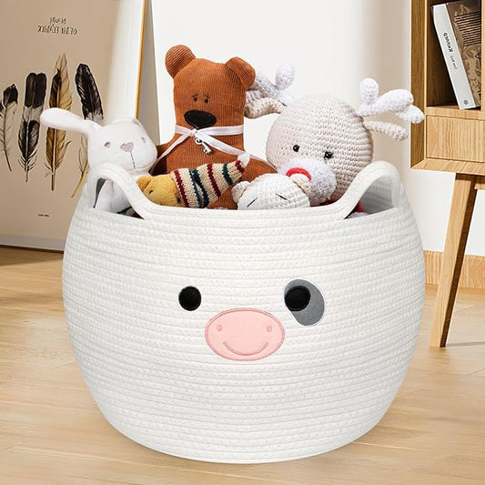Cow Woven Baskets Cotton Rope Storage Basket, Large Cow Toy Basket with Handle, Cute Animal Baby Laundry Basket, Nursery Basket Organizer, Baby Shower Gifts Pet Toy Storage 15"D x 13.7"H