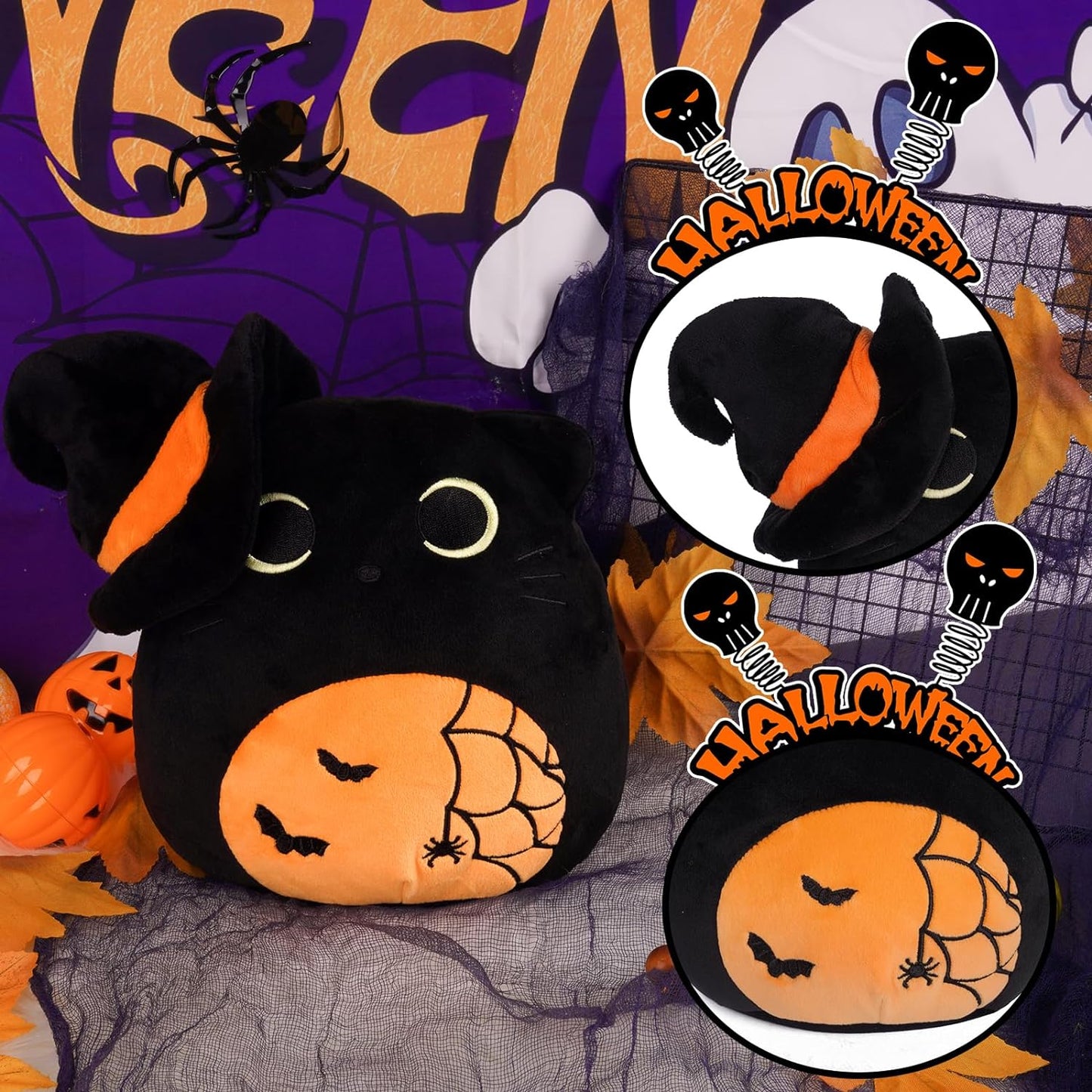 Halloween Cat Plush, Halloween Black Cat Plush Pillow, Halloween Stuffed Animal Cat Plushies, Halloween Plush Cat Doll Toys for Kids, Gift for Halloween Birthday