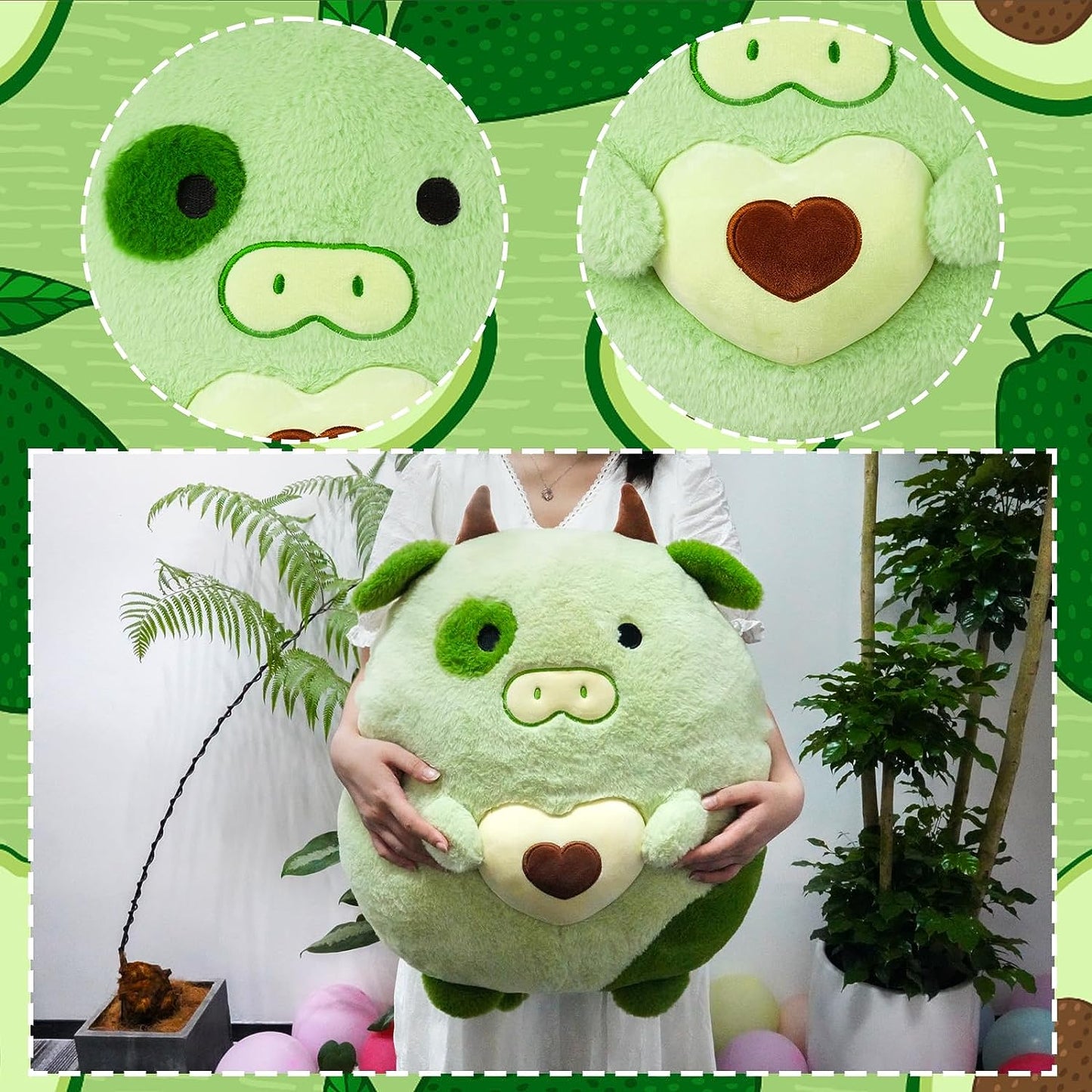 Almohada gigante de peluche de aguacate verde linda vaca
