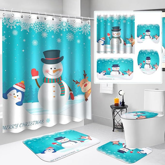 4Pcs Christmas Shower Curtain Set, Snowman Christmas Bathroom Sets with Waterproof Shower Curtain, Non Slip Rugs, Toilet Lid Cover, Bath Mat, Xmas Gifts Bathroom Decor with 12 Hooks 71'' x 71''