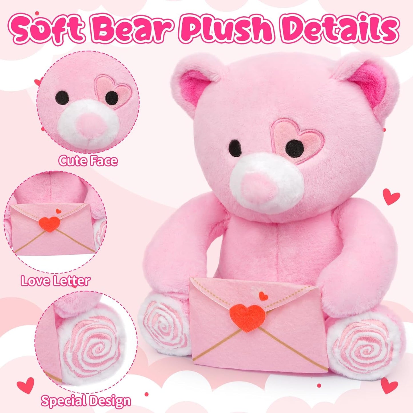 Pink Teddy Bear Plush Toy, Cute Valentine's Day Teddy Bear Stuffed Animal, Soft Stuffed Bear Doll Valentine's Day Gift for Girlfriends