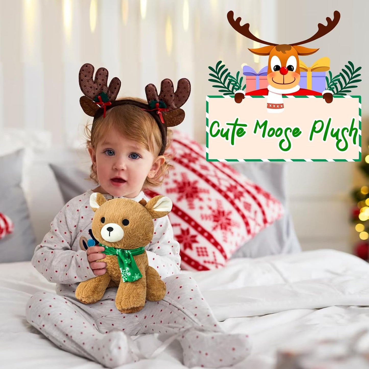 Christmas Reindeer Plush, 10inch Cute Deer Plush, Christmas Stuffed Reindeer Plush Toy with Green Scarf, Christmas Plush Toys for Kids Christmas Decor Animals
