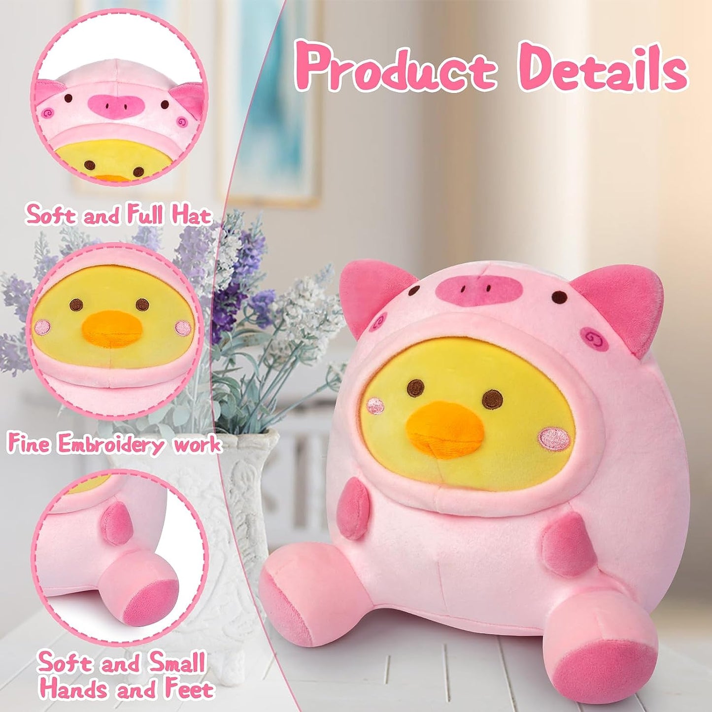 Almohada de peluche de pato, pato rosa, muñeca de peluche de cerdo