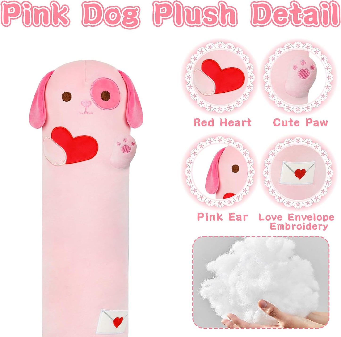 Long Dog Plush Body Pillow, 24" Valentine's Day Dog Stuffed Animal Throw Pillow, Kawaii Cartoon Long Dog Plush Toy, Soft Stuffed Dog Plush Doll Gift for Boys Girls Valentine's Day