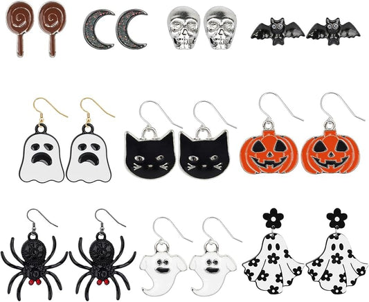 10 Pairs Halloween Earrings for Women,Halloween Jewelry,Halloween Accessories,Ghost Earrings,Halloween Bat Cat Spider Earrings,Halloween Party Favors Decor