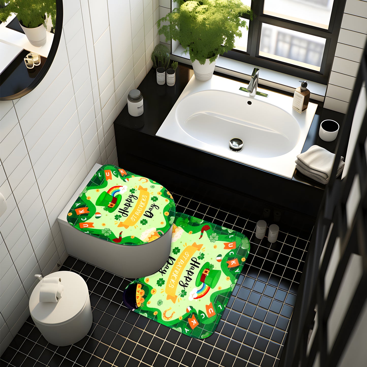 St Patricks Day Shower Curtain Set, 4pcs Happy St Patricks Day Shower Curtain with Non Slip Rugs, Toilet Lid Cover and Bath Mat, Green Shamrock Waterproof Fabric Bathroom Curtain