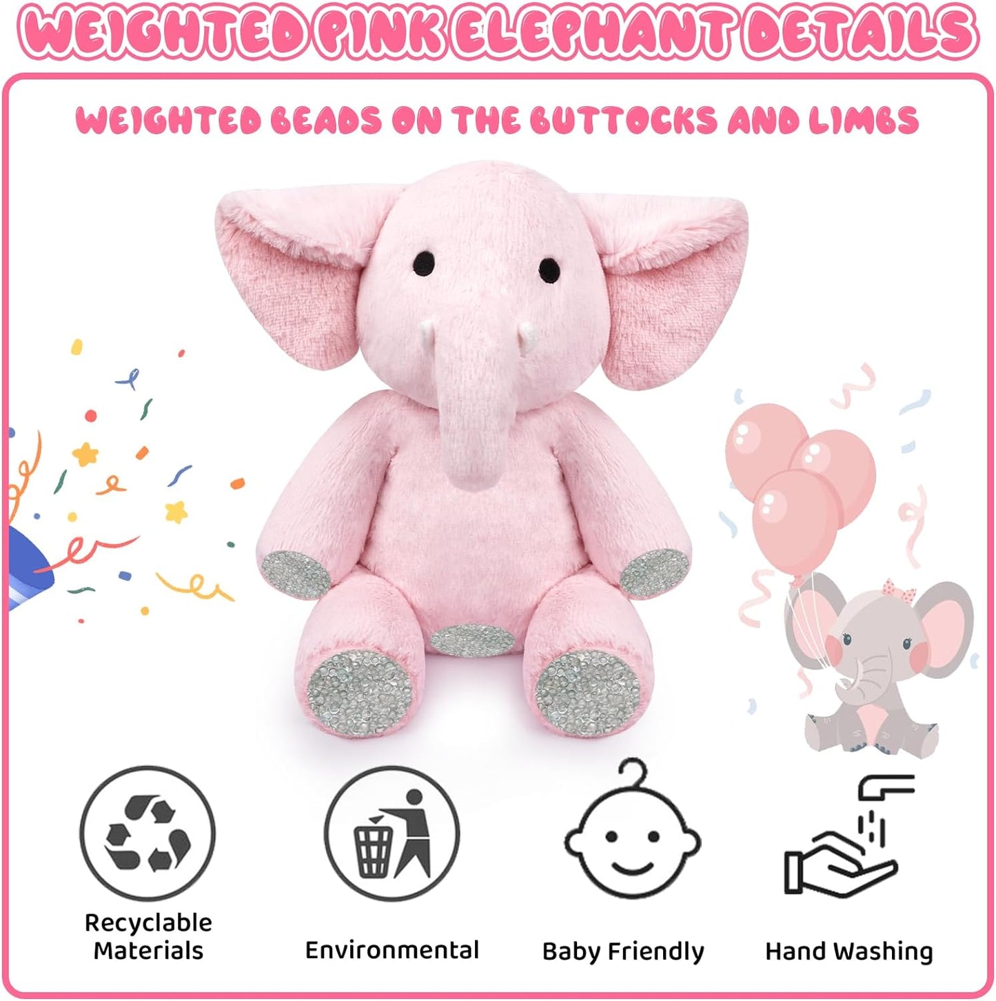 Leokawin Weighted Stuffed Animals, 1.3lbs Weighted Pink Elephant Plush Toy, Kawaii Weighted Plush Elephant Stuffed Animals, Soft Stuffed Elephant Throw Pillow Gift for Kids & Adults