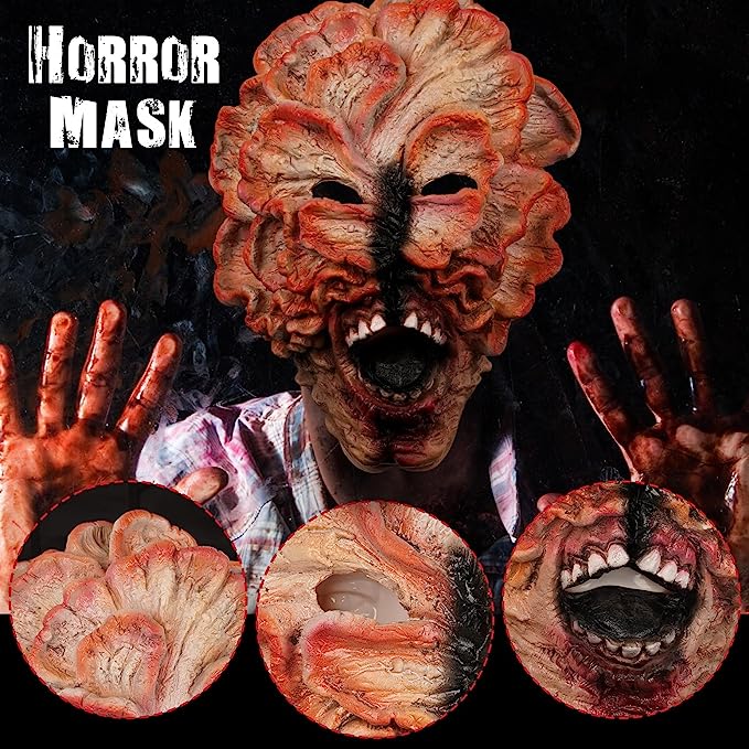 Máscara espeluznante de Halloween, máscara de clic Last of Us Click, máscara de miedo de Halloween, máscara de látex de cabeza completa para disfraz de hongos adultos (largo, 18 pulgadas)