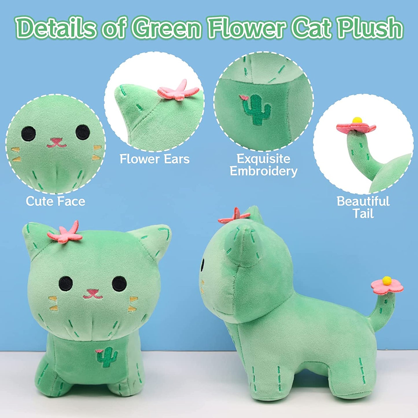 Cat Stuffed Animal Cat Plush Pillow, Cute Cat Plush Pillow Doll, Kawaii Cacti Flower Cat Plushies, Green Cat Plush Toys Home Decor, Soft Plush Cat Toys Gifts for Kids Boys Girls