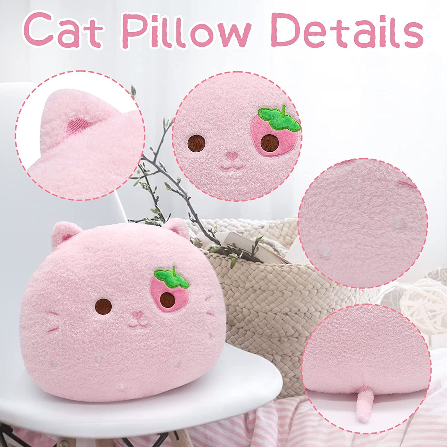 Cat Plush Pillow, Soft Cat Hugging Pillow Plush, Strawberry Cat Stuffed Animal, Cute Pink Plush Cat Cuddle Cushion Pillow Kitten Kawaii Stuffy Plushie Gifts for Kids