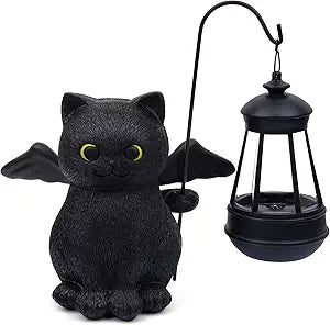 Solar Garden Statue Cat Figurine, Angel Black Cat Statues Garden Decor with LED Light Outdoor Statue for Patio Balcony Lawn Ornament, Housewarming Garden Gifts for Mom Dad Grandma