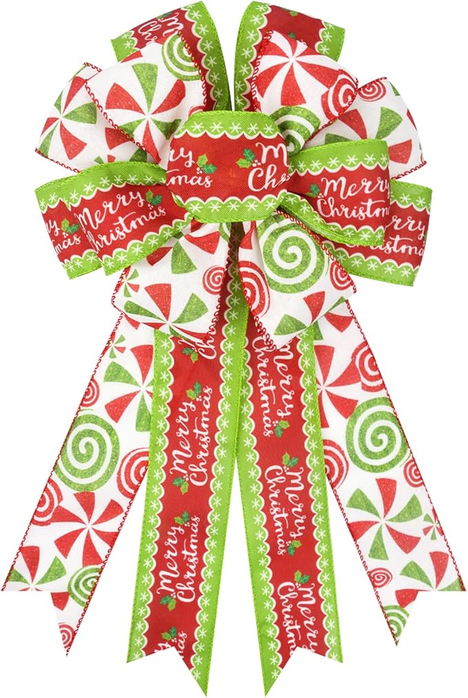 Christmas Bows, Green Red Candy Cane Bows for Christmas Tree Topper Decoration, Large Christmas Bows for Wreaths for Front Door Holiday Party Outside Hanging Ornament