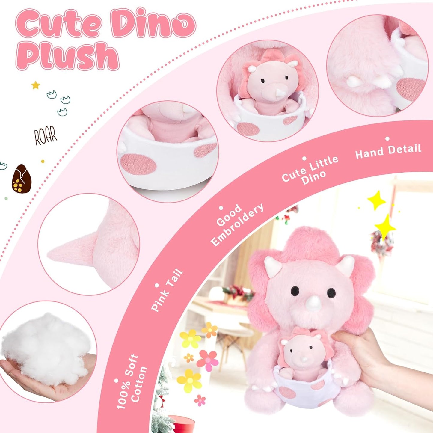 Dinosaur Stuffed Animal,11.8inch Pink Dinosaur Plush with a Baby Dino Plush Girl Dinosaur Toy, Huggable Triceratops Stuffed Animal for Girls,Boys,Birthday