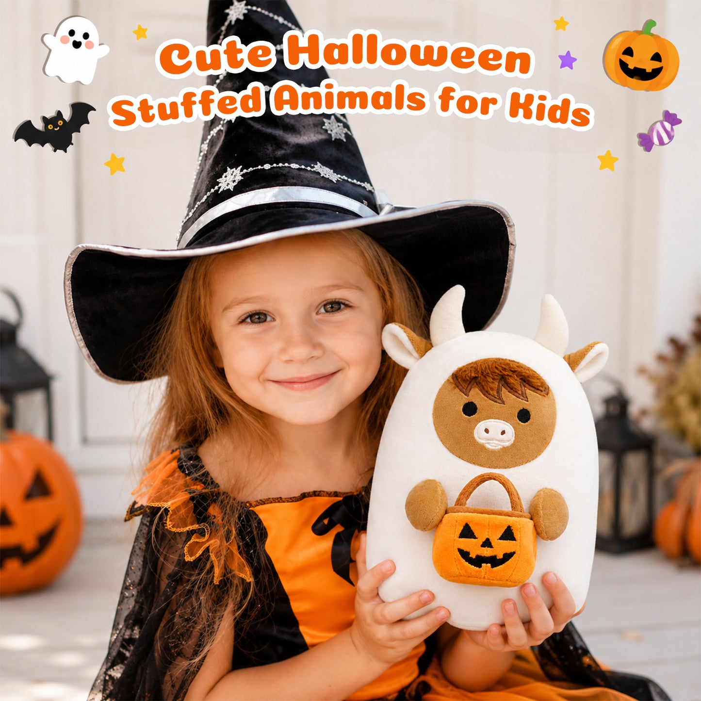Halloween Stuffed Animal, 8 Inch Halloween Plush Ghost Highland Cow Plush Ghost Cow Plush Toy with a Pumpkin Basket, Soft Ghost Pillow Plush Cow for Kids, Halloween Gifts Boo Basket Stuffers