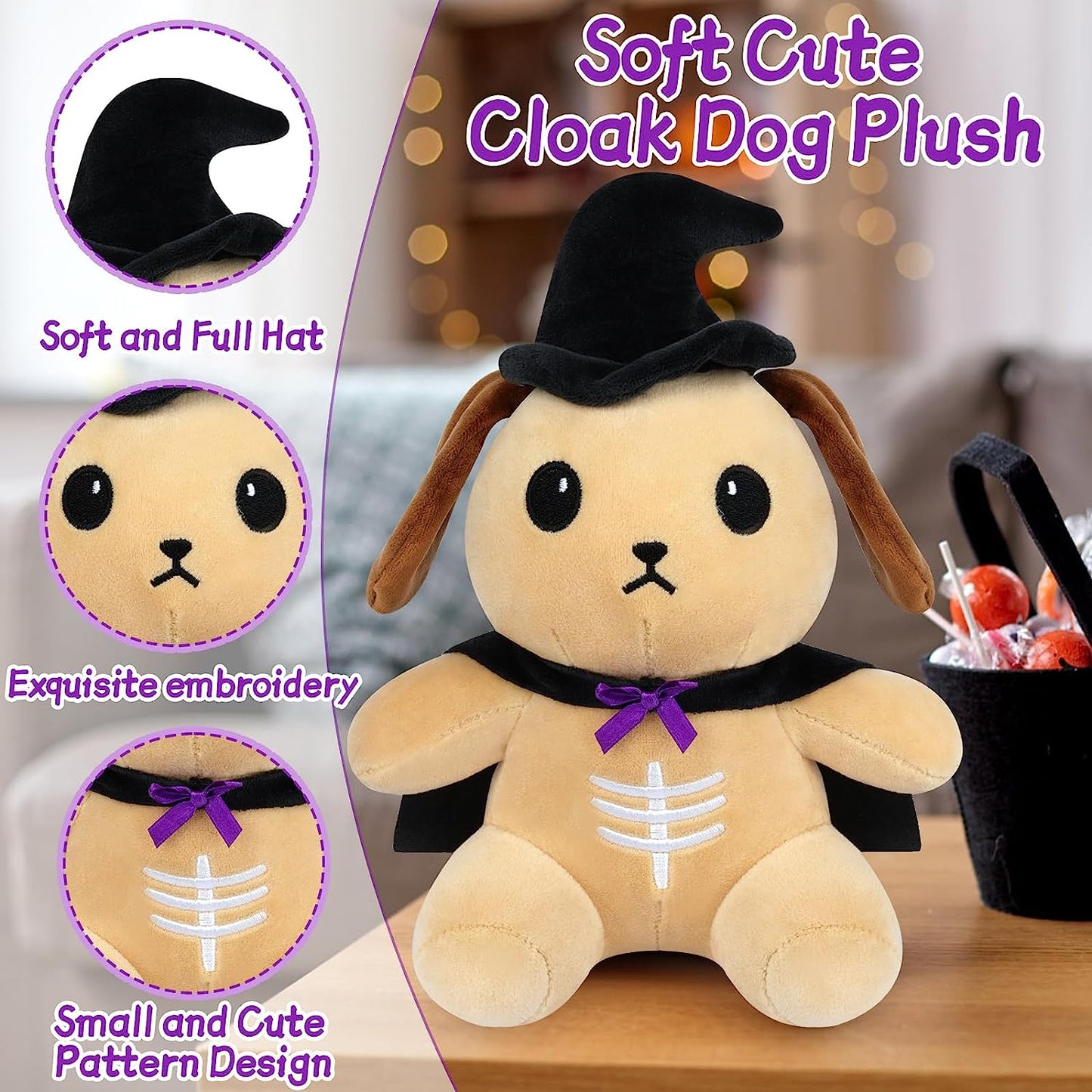 Peluche de perro de Halloween de 8 pulgadas, capa de juguete de peluche para cachorros, linda muñeca de peluche con sombrero de bruja, regalos de decoración de Halloween para niños y niñas