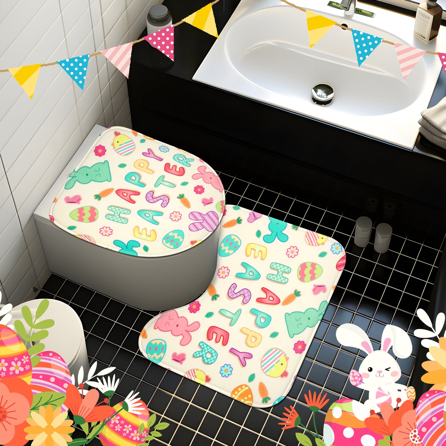 4Pcs Easter Shower Curtain Set with Non Slip Rugs, Toilet Lid Cover and Bath Mat, Easter Bathroom Decor Spring Bathroom Set, Bunny Shower Curtains with 12 Hooks
