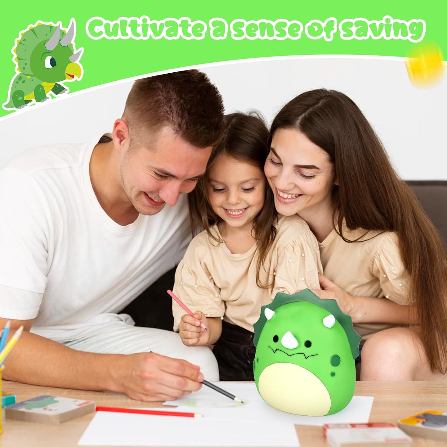 Dinosaur Piggy Bank Girls - Triceratops Piggy Bank for Kids, 7in Green Unbreakable Piggy Bank for Boys & Adults, Cute Coin Bank Gift for Kids Christmas Birthday