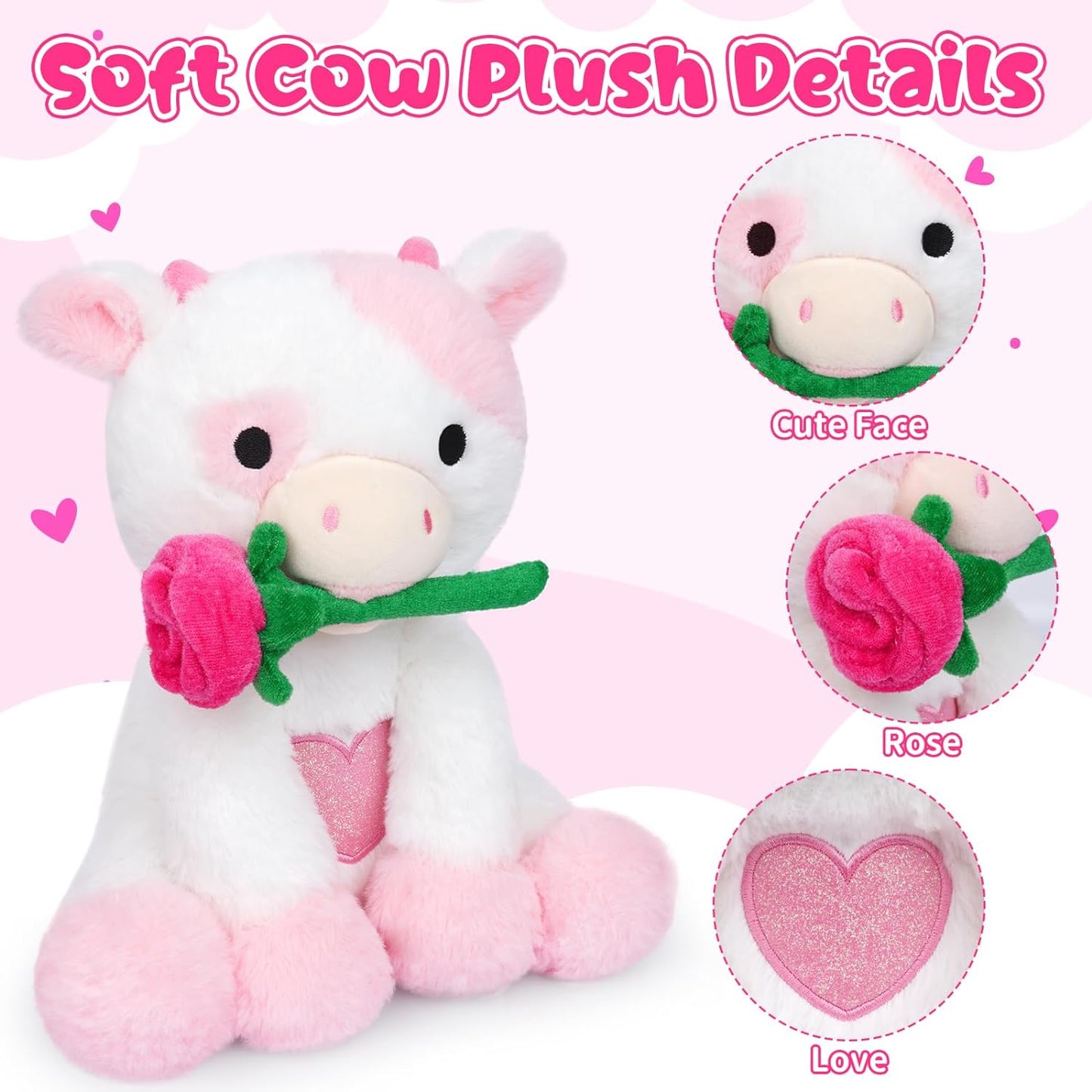 Cute Cow Plush Pillow Toy Valentine's Day Plush Cow, Valentine's Cow Stuffed Animal Doll, Valentine's Day Gift for Girlfriends (Pink Cow)