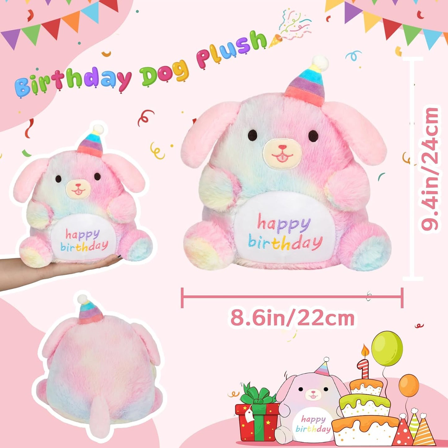 Happy Birthday Dog Plush, 9inch Rainbow Birthday Dog Stuffed Animal Happy Birthday Plush, Cute Soft Puppy Plush Toy Birthday Gift for Kids, Women, Girlfriend
