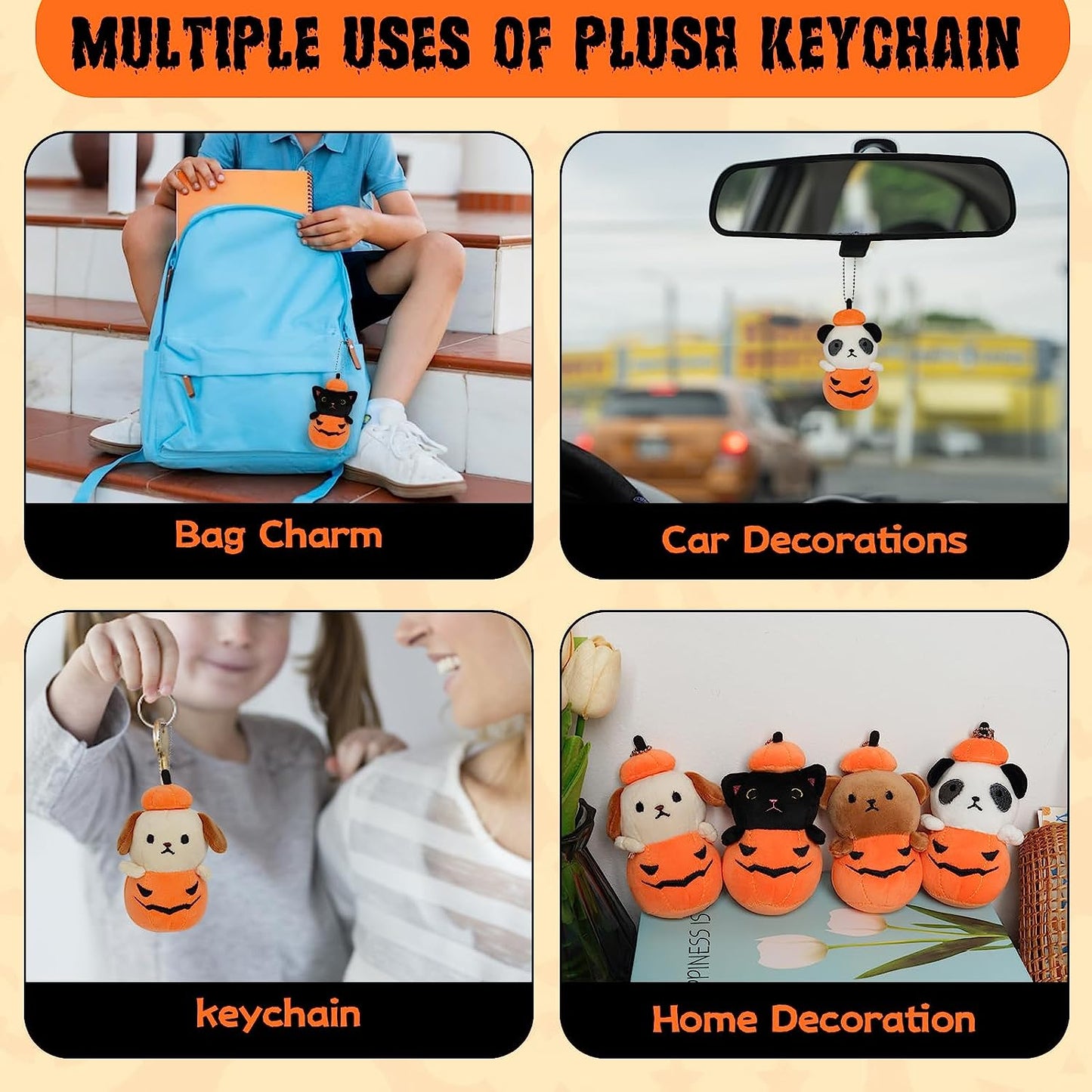 Animales de peluche de calabaza de Halloween, juego de 4 piezas de felpa de calabaza, lindo mini muñeca de animal de calabaza, regalo de almohada de felpa de Halloween, regalos de decoración de Halloween