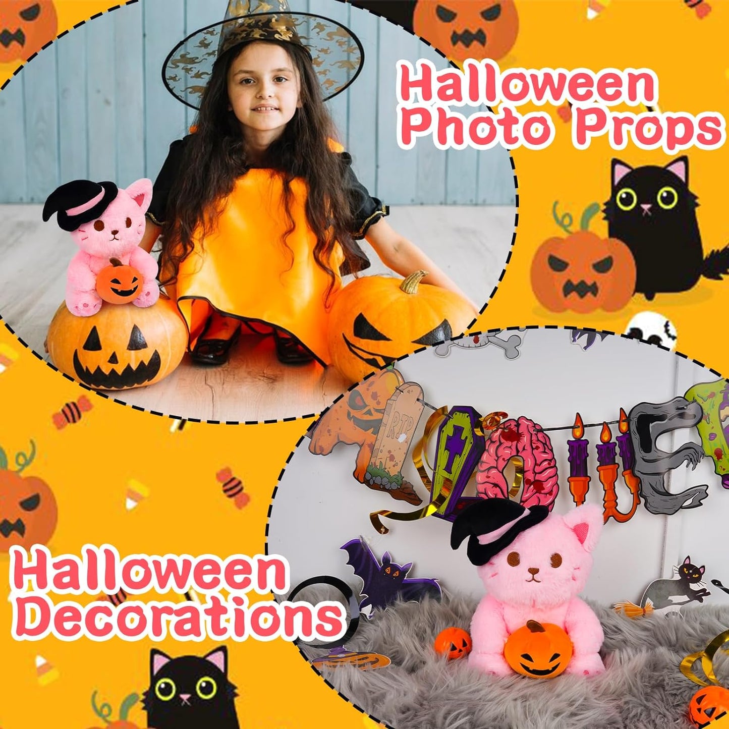 Halloween Cat Plush Pillow Toys, 9“ Cute Pink Cat Stuffed Animals for Kids Girls, Halloween Plush Witch Cat Plushi Kawaii Stuffed Cat Toys Plush Doll Decorations