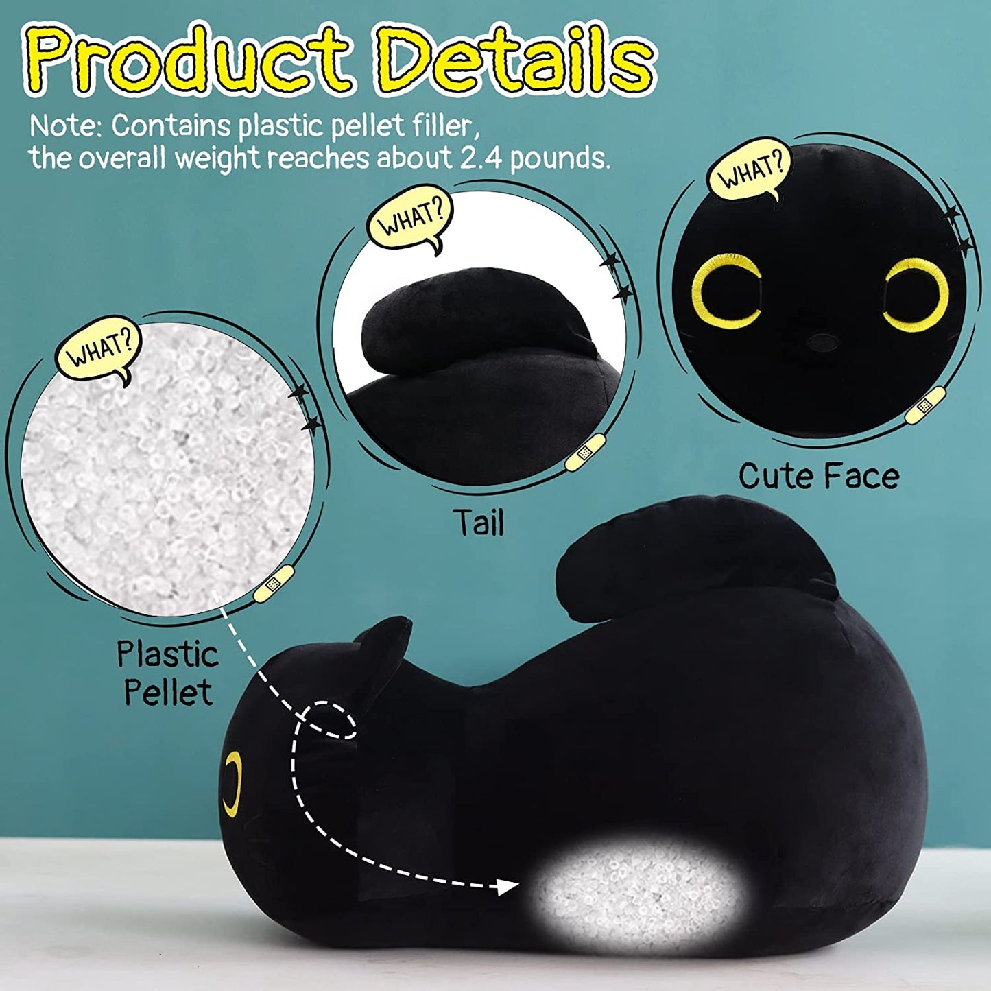Black Cat Plush, Weighted Black Cat Stuffed Animal Toy, 18.5" Black Cat Plush Pillow Doll, 2.4 Pounds Soft Black Cat Plushies, Plush Cat Doll Toy for Boys Girls Kids