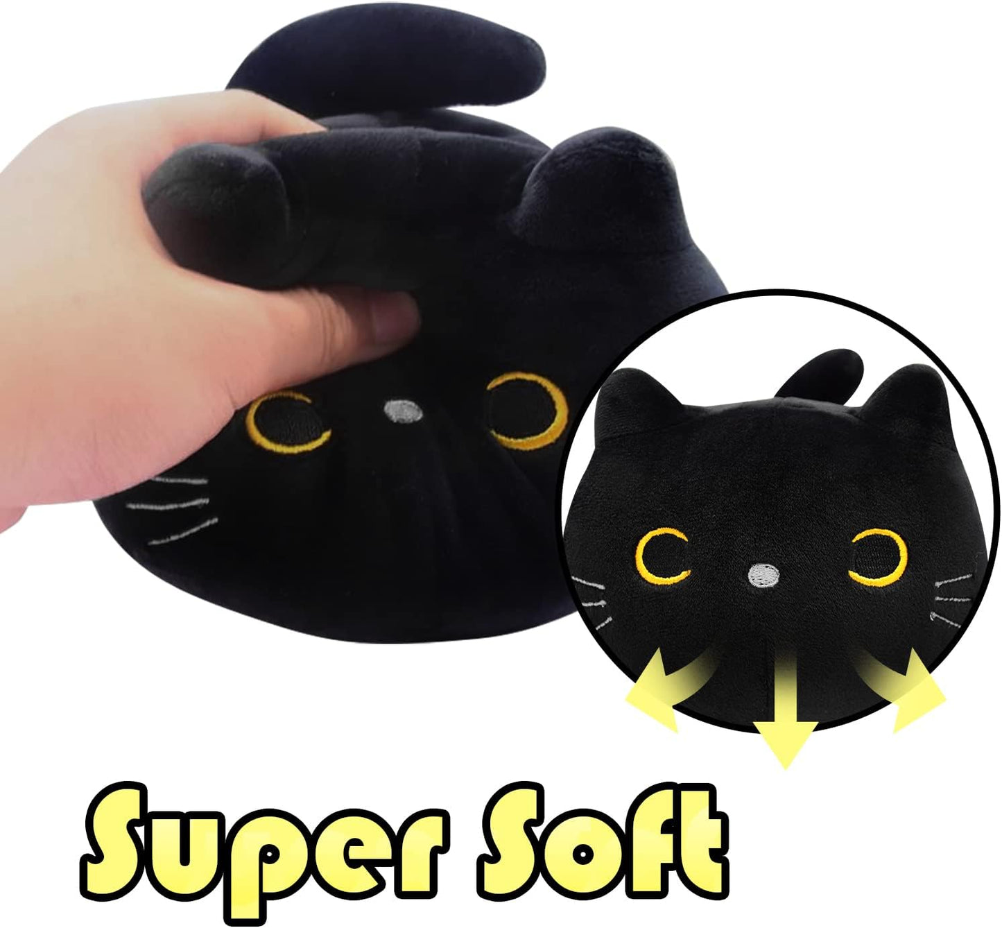 Black Cat Plush, 3D Cat Stuffed Animal Toy Pillow, Kawaii Cat Pillow Black Cat Plushies Cute Round Eyes Kitten Plush Doll Toy for Boys Girls Kids