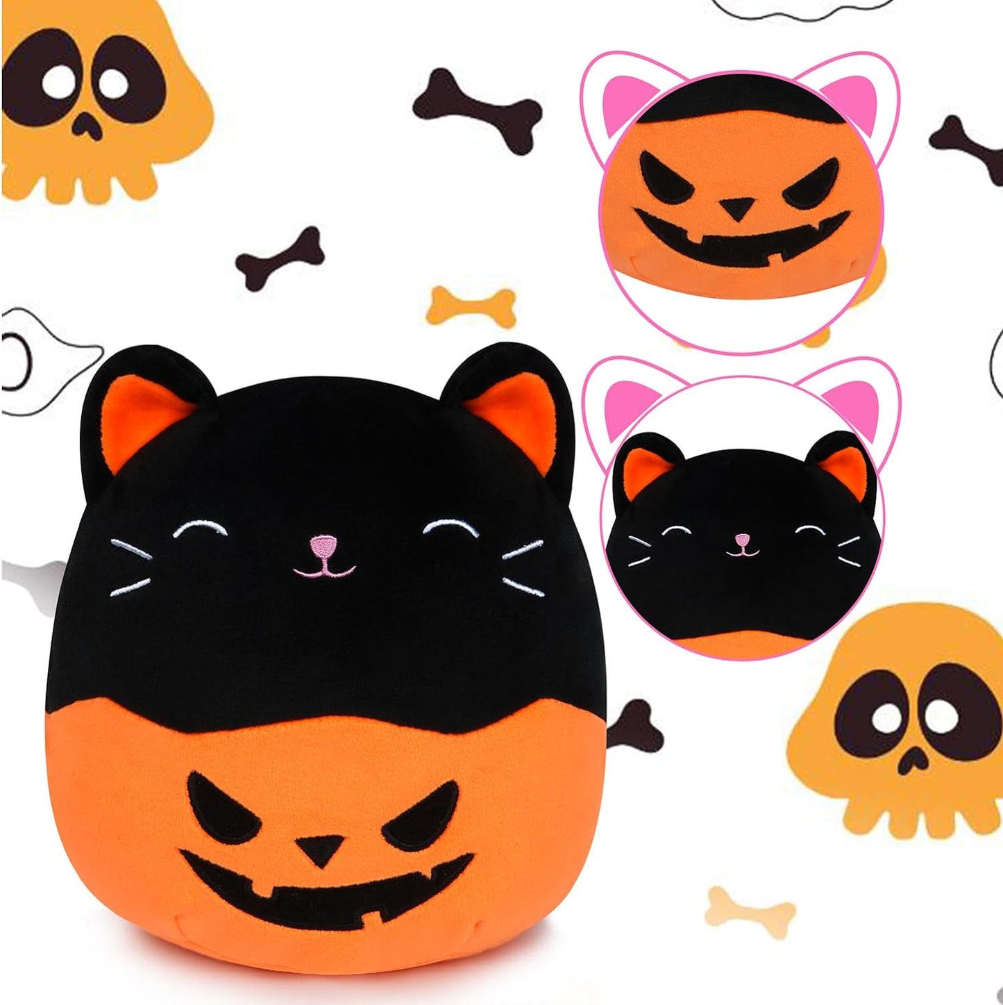 Halloween Plush Pillow Black Cat Plush Cat Stuffed Animals Toy for Kids, Black Pumpkin Cat Plushie for Boys Girls Halloween Decor