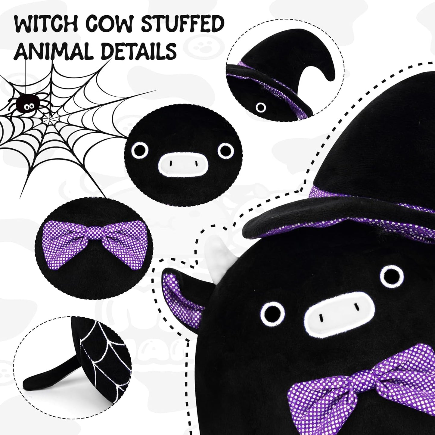 Cow Plush Halloween Witch Plush Pillow Cow Stuffed Animal Toy, Cute Black Witch Cow Plushie Pillow, Soft Plushie Stuff Doll for Kids Kawaii Halloween Decoraition