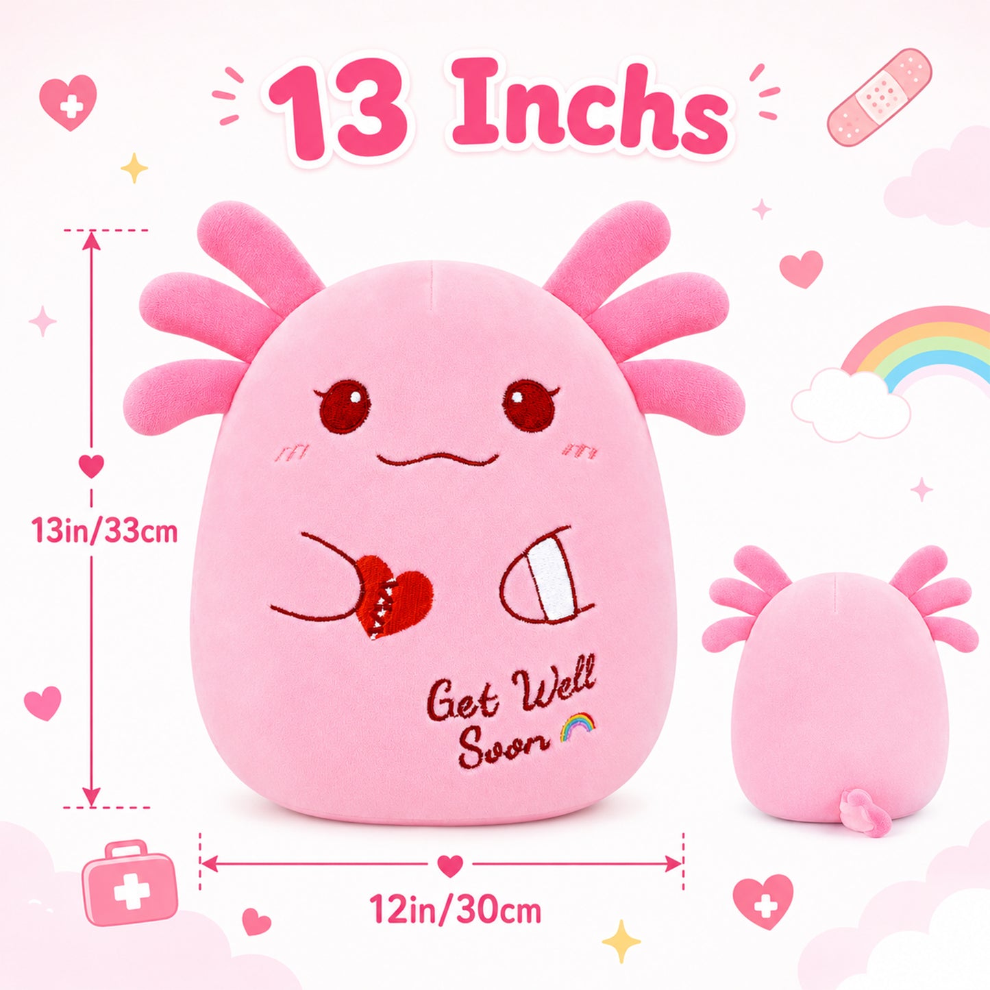 13 Inch Get Well Soon Stuffed Animal, Get Well Gifts for Women Men Kids|Soft Huggable Pink Axolotl Plush Cute Plushies for Kids, Feel Better Gift for Kids Women & Men After Surgery, Get Well Gifts