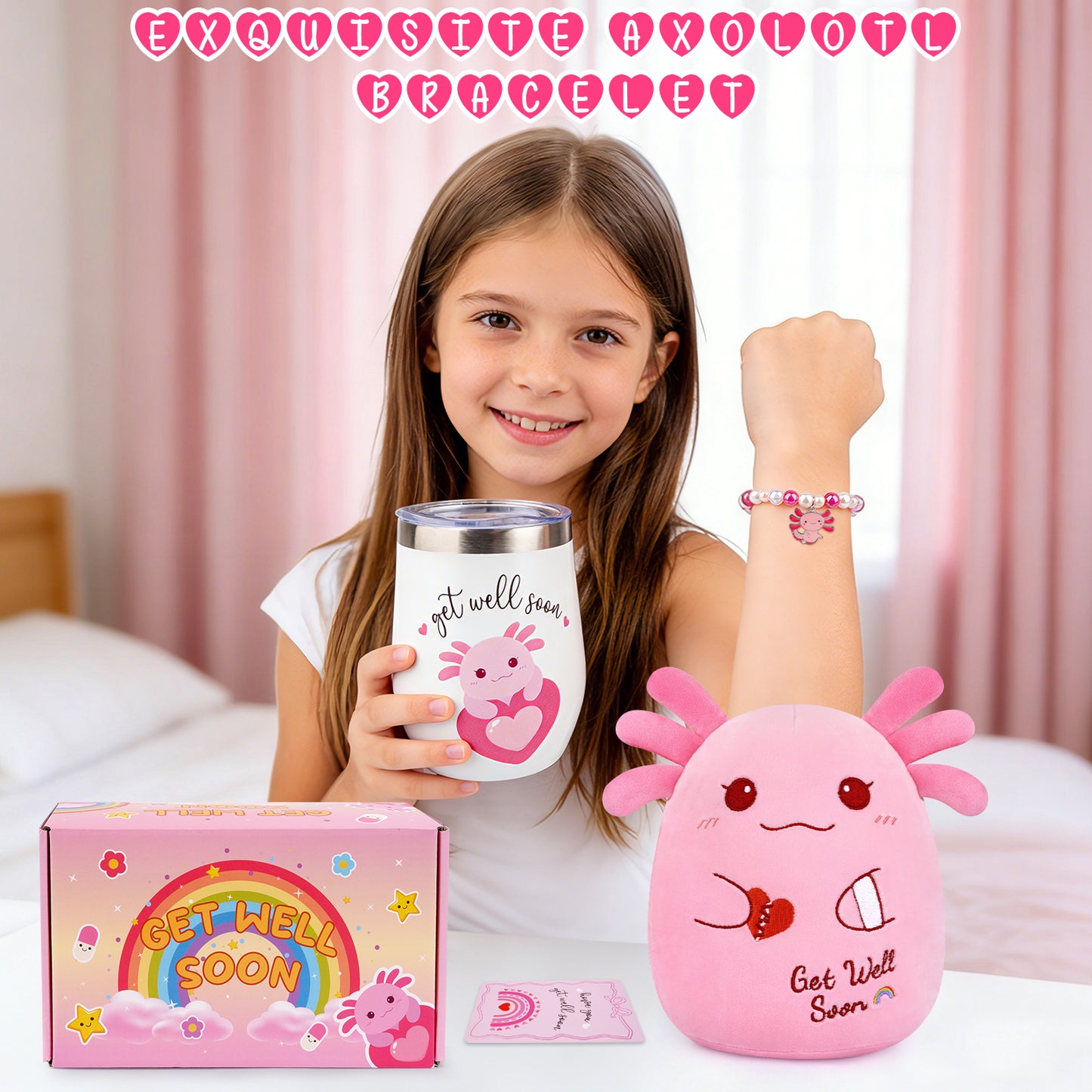 Get Well Soon Gifts for Kids, Get Well Soon Basket with 8inch Get Well Axolotl Plush Toy for Kids, Feel Better Gifts Axolotl Gift Set for Kids Girls Boys After Surgery