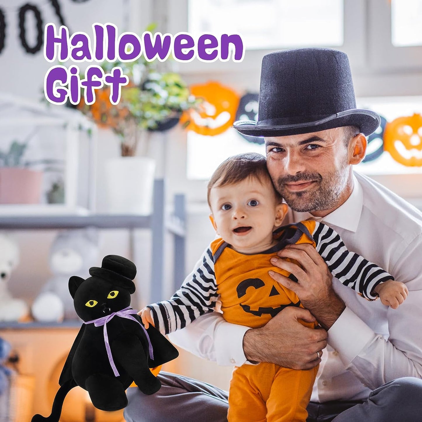 Halloween Black Cat Stuffed Animal - Cute Black Cat Plush with Hat Cloak, Halloween Plush Cat Plushie Halloween Stuffed Cat Toys, Halloween Vampires Cat Plush Doll Decorations