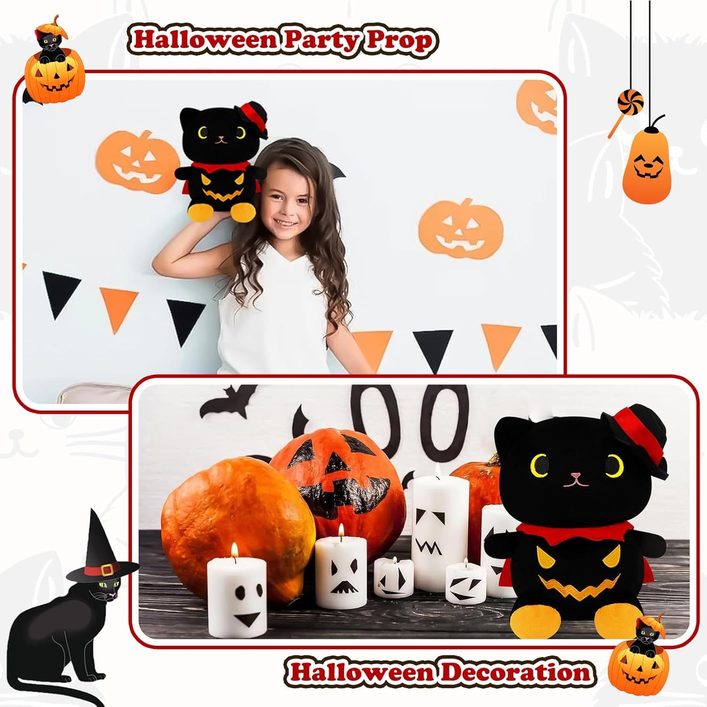 Halloween Plush Black Cat Stuffed Animal Toy, Cute Black Cat Plushie Pillow Soft Cat Stuffed Doll for Boys Girls, Kawaii Halloween Decoration…