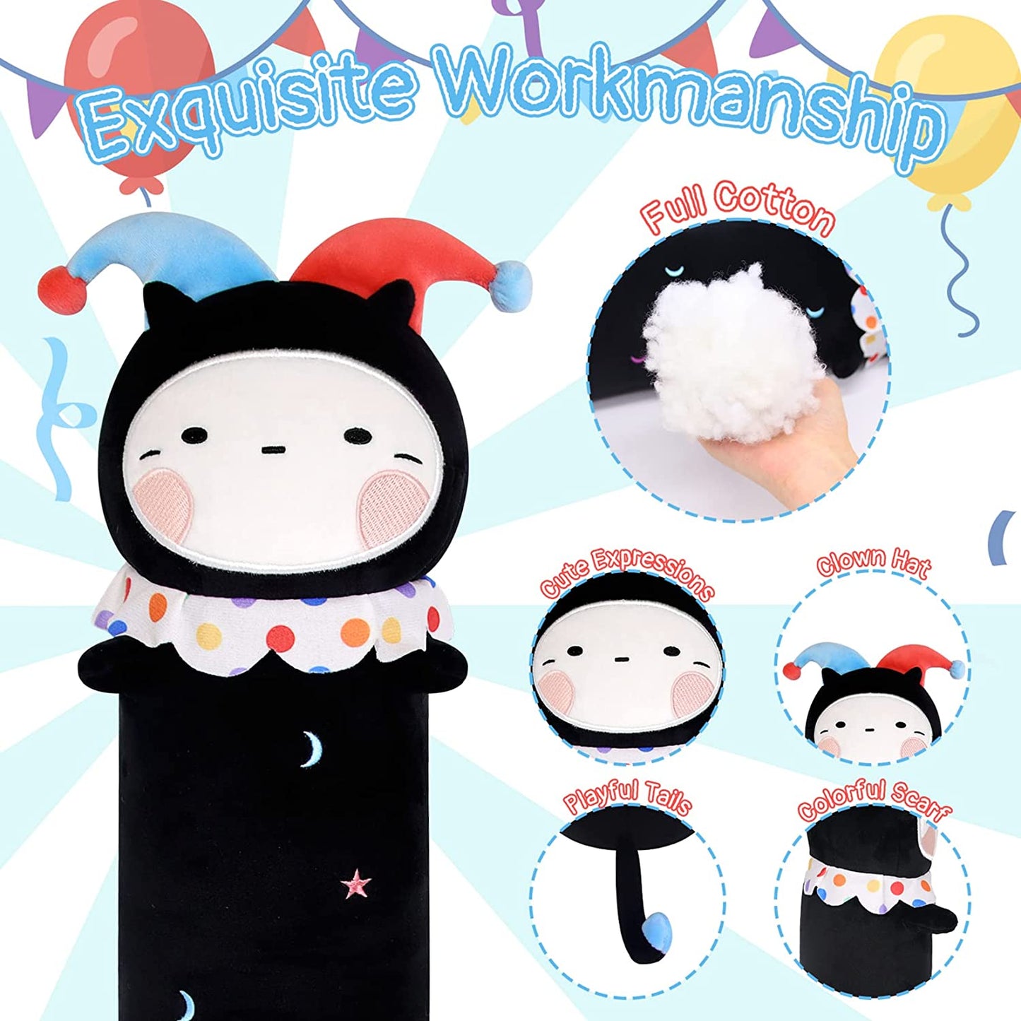 Long Cat Plush Body Pillow, Cute Halloween Clown Plush Long Cat Throw Pillow, Kawaii Stuffed Animal Clown Cat Plush Toys for Kids, Boys, Girls (Black, 61cm/24in)