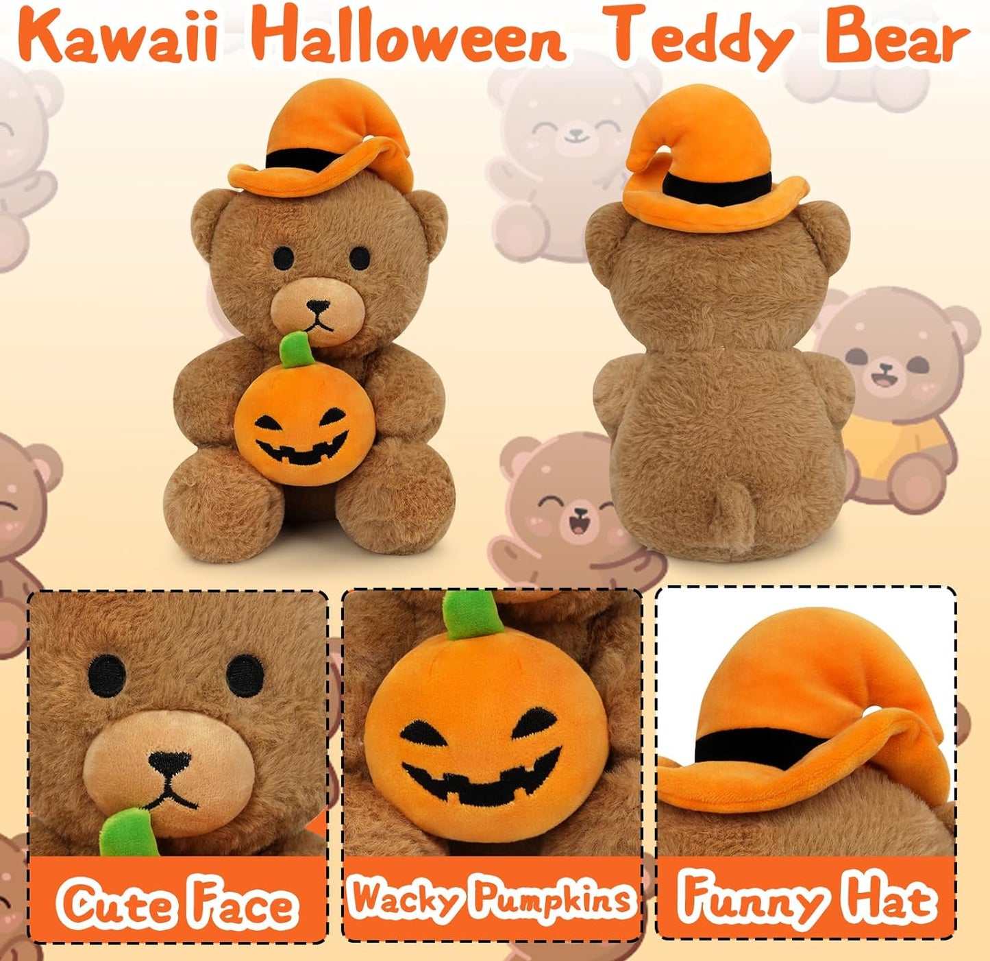 Teddy Bear Stuffed Animal, 8.6 inch Halloween Teddy Bear Hugging Pumpkin, Cute Teddy Bear Plush Toys with Hat, Halloween Decoration Gifts for Adults Children, Brown